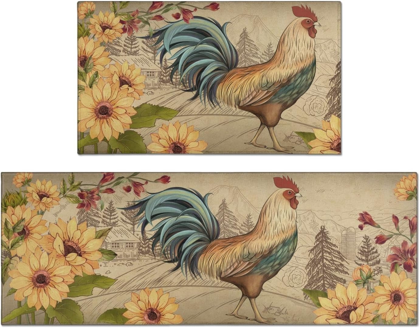 Chiken Rugs Chicken Sunflower Kitchen Mats for Floor, Rooster Floral Farmhouse ...