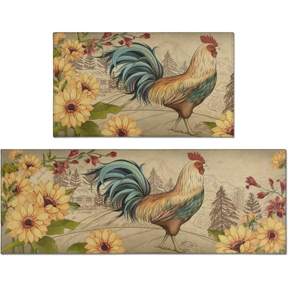 Chicken Sunflower Kitchen Mats for Floor, Rooster Floral Farmhouse Kitchen Rugs Set of 2 Carpet Area Rug,Autumn Vintage Retro 17x30 and 17x47 Inch