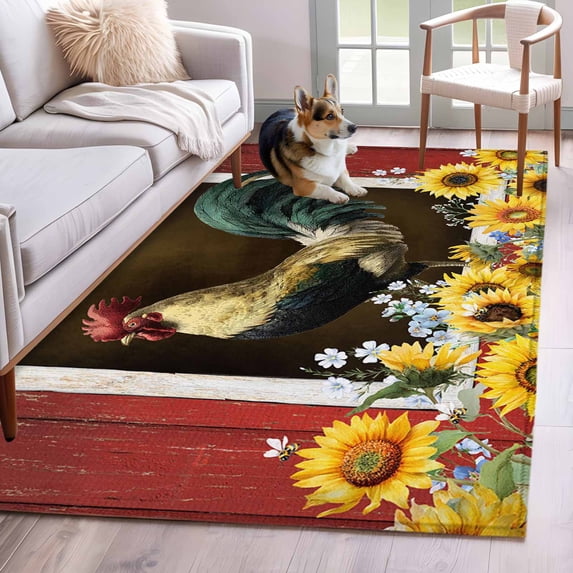 Chicken Sunflowers Area Rug 4'x6', Farmhouse Animals Red Barn Bees Washable Non-Slip Rugs, Low Pile Large Carpet for Living Room Bedroom Dining Room Kitchen Office Indoor Mat