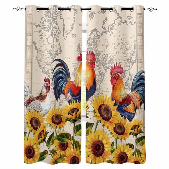 Chicken Sunflowers Blackout Curtains for Bedroom Living Room Darkening Curtains 54 Inch Long Farmhouse Vintage Map Floral Animals Short Curtain for Small Window Treatment Grommet Drapes 52"x54"x2
