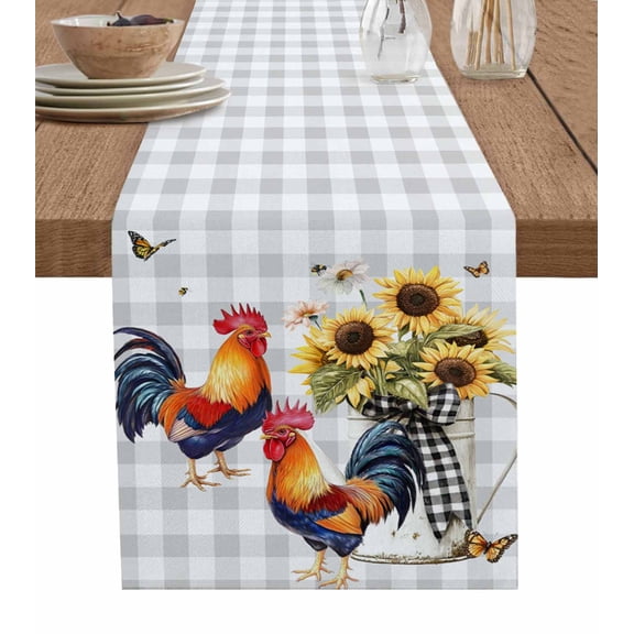 Chicken Sunflowers Burlap Cotton Table Runner 18x72 Inches Long, Floral Butterfly Gray White Buffalo Plaid Farmhouse Table Runners, Outdoor Dining Tablecloths Decor for Baby Shower/Party/Wedding
