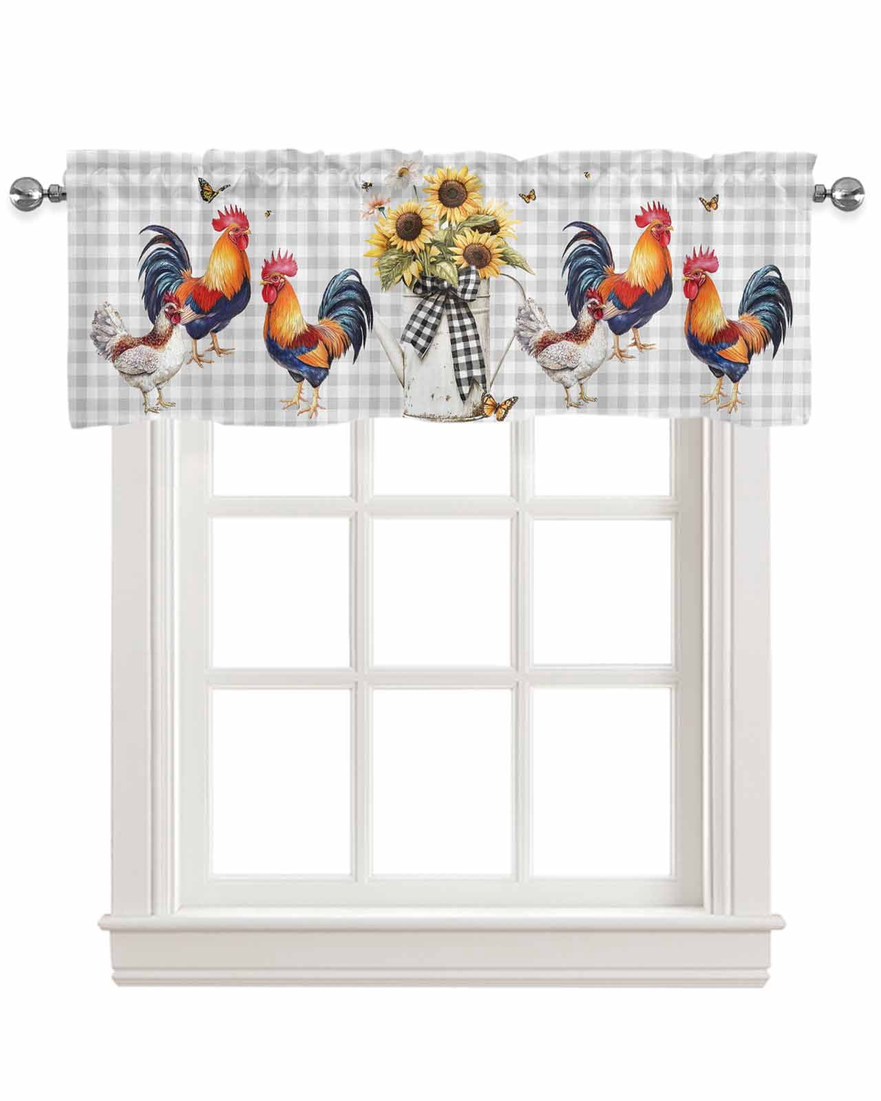 Chicken Sunflowers Kitchen Valances for Windows Farmhouse Linen Window Valance Curtain for Living Room Window Treatment Floral Butterfly Gray White Buffalo Plaid Valance Rod Pocket, 60 x 18 Inch