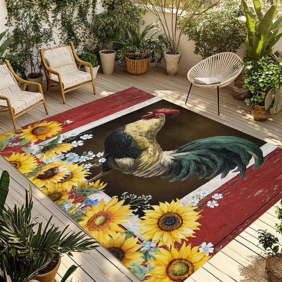 Chicken Sunflowers Outdoor Rug 4x6 Ft - Reversible Patio Rug Outdoor Camping Rugs, Farmhouse Animals Red Barn Bees Washable Indoor Outdoor Area Rugs, Non-Slip Outdoor Carpet Runner for Deck/Porch