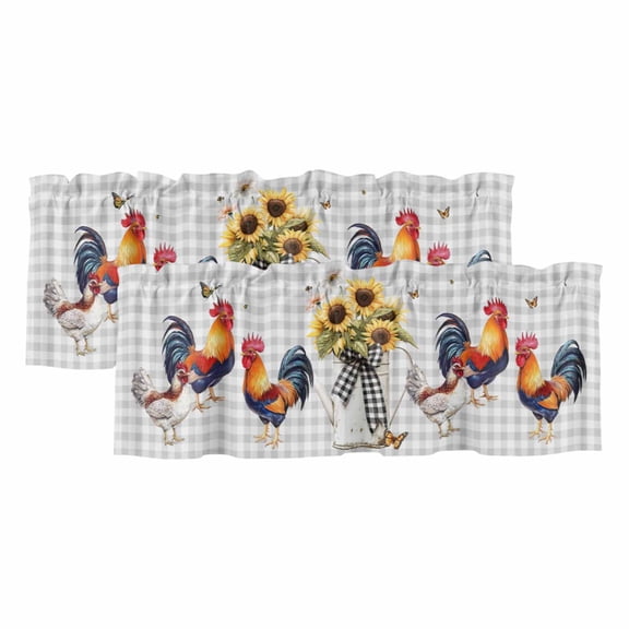 Chicken Sunflowers Valances for Windows, Decorative Rod Pocket Window Valance Curtains, Floral Butterfly Gray White Buffalo Plaid Short Curtain Drapes for Kitchen/Living Room, 2 Panels, 42" W x 12" L