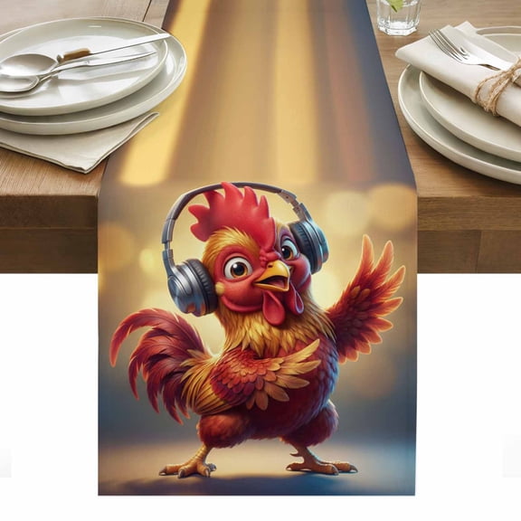 Chicken Table Runner 13 x 90 Inch, Abstract Headphone Chicken Shiny Light Background Washable Cotton Linen Dining Table Runner Tabletop Decorations for Restaurant Home Kitchen Party
