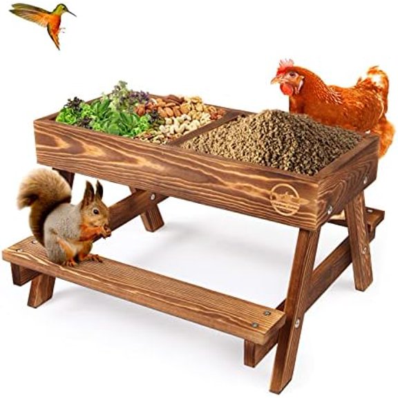 Chicken Table No Waste, Chicken Picnic Feeder Handmade Carbonized Wooden, Large DIY Chicken Feeder Kit, Wild Bird, Duck & Squirrel Feeders, Mesh Bottom Keep Food Fresh and Dry Easy to Clean and Fill