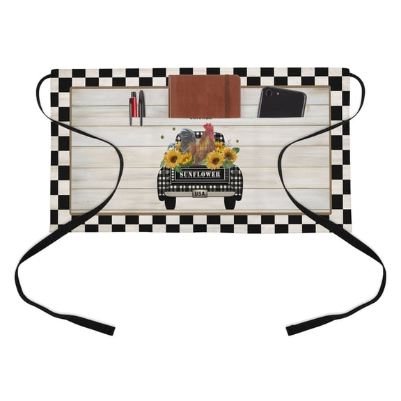 Chicken Truck Sunflower Half Waist Apron Farmhouse Wood Grain Black Plaid Short Waiter Aprons with 3 Pockets for Women Men Kitchen Restaurant Cooking