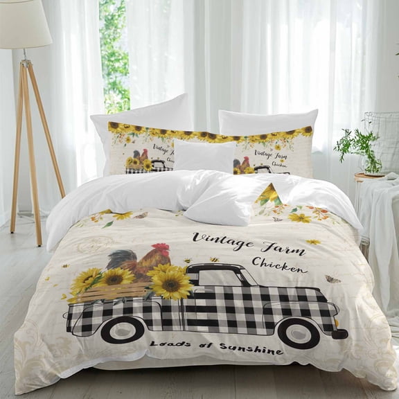 Chicken Truck Sunflower Queen Size Comforter Set, Vintage Farm Loads of Sunshine Bedding for All Seasons, 4 Pcs Bed Set, 1Quiltcover (90"x92") ,1Sheet(94"x116"), 2Pillowcases (30"x20")