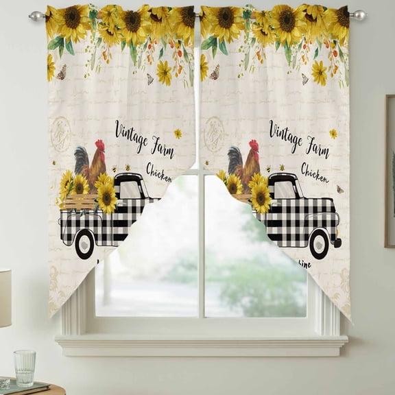 Chicken Truck Sunflower Swag Kitchen Curtain Valances, Vintage Farm Loads of Sunshine Rod Pocket Curtains Window Treatment Decor Valances for Bedroom Bathroom, 2 Panels 28 x 36 Inch