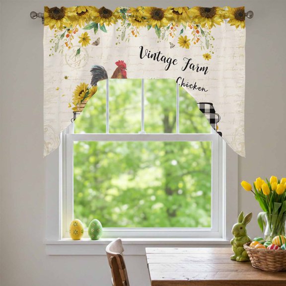 Chicken Truck Sunflower Swag Valances for Kitchen Window, Vintage Farm Loads of Sunshine Small Swag Valances Rod Pocket Curtain Drapes Window Treatment for Bedroom Bathroom, 56x36 Inch