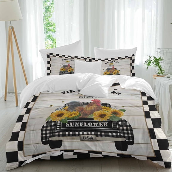 Chicken Truck Sunflower Twin Size Comforter Set, Farmhouse Wood Grain Black Plaid Bedding for All Seasons, 4 Pcs Bed Set, 1 Quiltcover (68"x86") ,1Sheet(67"x116"), 2Pillowcases (30"x20")