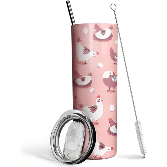Chicken Tumbler with Lid and Straw- Chicken Gifts for Chicken Lovers Women Girls -Cute Hen Chicken Mug, Skinny Tumbler Cup-Pink Farm Animals Insulated Coffee Mug 20 Oz-Chicken Stuff, Decor