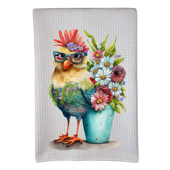 Chicken Turquoise Glasses Daisy Flowers Farm Animal 16"x24" Sublimation White Waffle Towel Trifolded 100% Polyester Highly Absorbent Kitchen Dish Towel Humorous Sarcastic Gift wwt-015