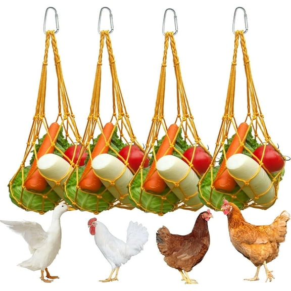 Chicken Vegetable Hanging Feeder 4 PCS, Reusable String Bag with Hook for Chicken Toys, Poultry Fruit Holder for Hens and Ducks, No Mess Lettuce Cabbage Feeder for Enrichment