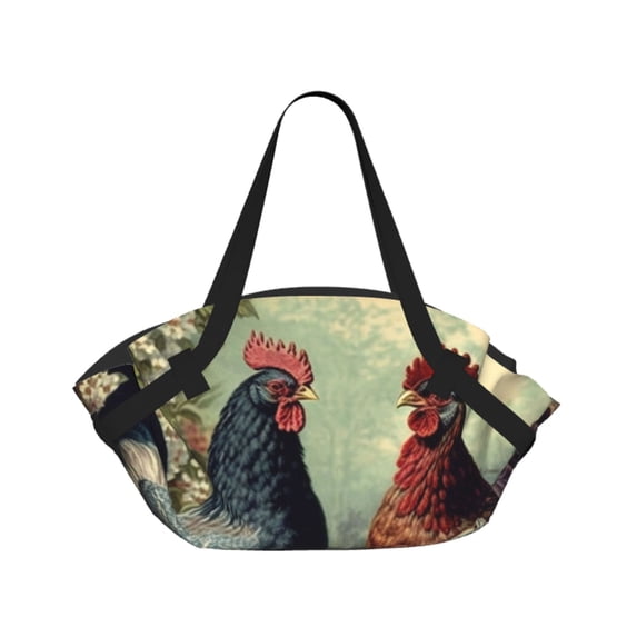 Chicken Vintage Colorful Hens 2-in-1 Foldable Picnic Blanket Tote Bag Shoulder Handbag, Large Circular Outdoor Mat for Beach Camping Park