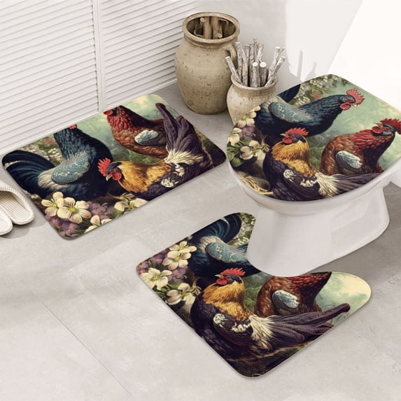 Chicken Vintage Colorful Hens 3-Piece Bathroom Rug Sets - Non-Slip Bath Mat 31.5"x19.7" with U-Shaped Contour Mat Toilet Lid Cover