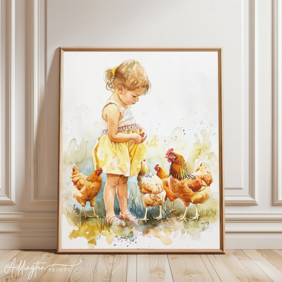 Chicken Wall Art Chicken Print Girl Bird Art Farmhouse Wall Decor Farm Art Kitchen Art Chicken, Unframed Paper Print