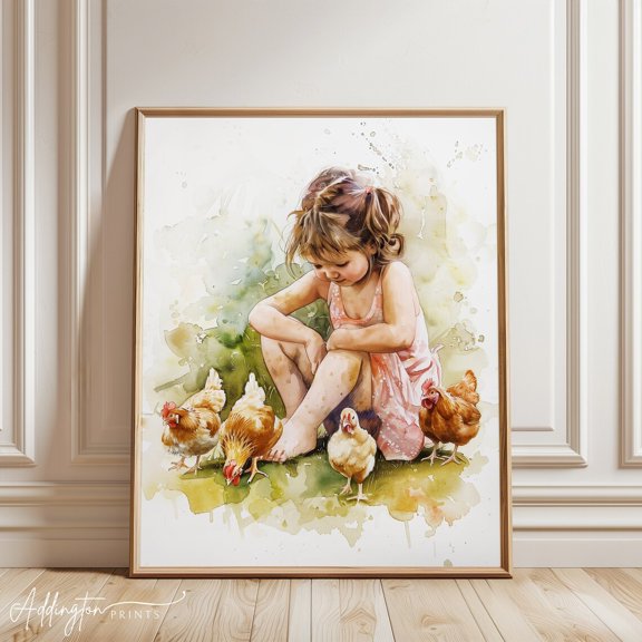 Chicken Wall Art Chicken Print Girl Bird Art Farmhouse Wall Decor Farm Art Kitchen Art Chicken, Unframed Paper Print