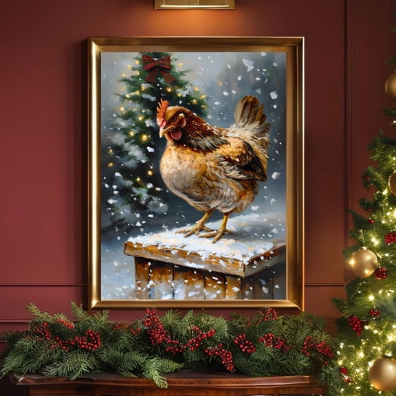 Chicken Wall Art, Cozy Farmhousedecor, Golden Comet Chicken Kitchen Art, Rustic Hen In Snow, Backyard Chicken Unframed Paper Print