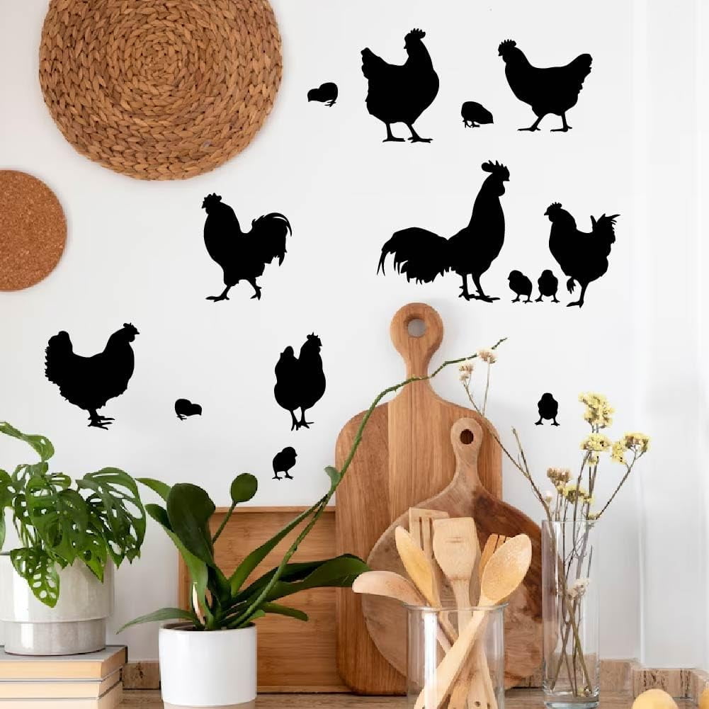 Chicken Wall Decals Poultry Silhouette Wall Sticker Rooster and Hen Cockerel Wall Decal Animals Art Mural Black Adhesive Mural Wallpaper for Kitchen Farmhouse Kid's Room Decor DIY