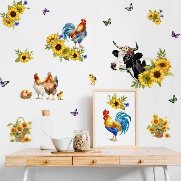Chicken Wall Stickers - Cattle & Sunflower Wall Art Mural Decals - Self Adhesive & Waterproof for Home Living Room Bedroom Bathroom Study Room Mixed Color