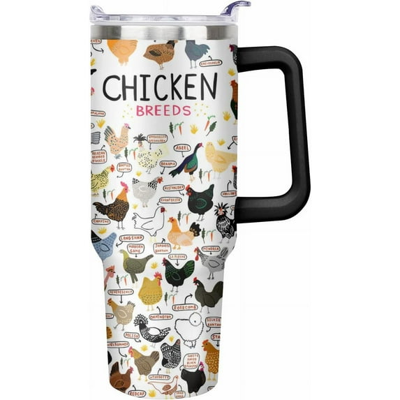 Chicken Water Bottle Spill Proof Hen Rooster Tumbler with Handle and Straw Lid Double Wall Insulated Stainless Steel Tumbler Coffee Mug Gift for Men Women Travel Cup for Car (Chicken, 40OZ)