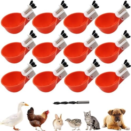 Chicken Waterer Cups, 12 Packs Poultry Water Feeder with Drill, Large Poultry Waterer Automatic Waterer for Chicken Coop, Duck, Chicks, Goose, Turkey, Bunny, Bird (Red, 12 Pack)