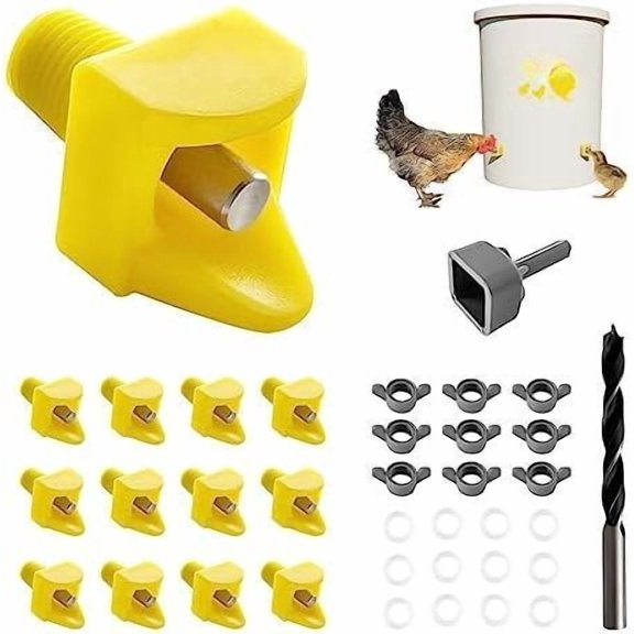 Chicken Waterer Nipples, Horizontal Side Mount, Anti-Leak Automatic Water System for Poultry, Suitable for Chickens, Duck, Quail, Pack of 12, Includes Drill Bit & Installation Tool