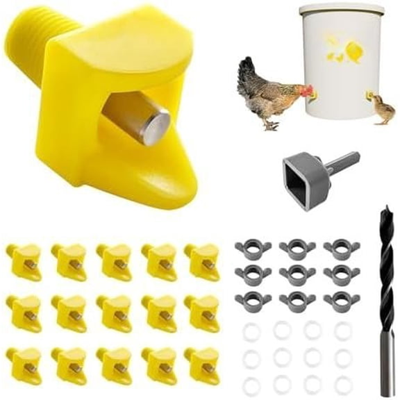 Chicken Waterer Nipples Pack of 15, Horizontal Side Mount, Anti-Leak Automatic Water System for Poultry, Suitable for Chickens, Duck, Quail, Includes Drill Bit & Installation Tool