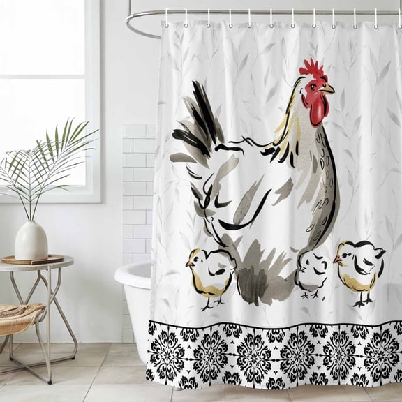 Chicken Waterproof Fabric Shower Curtain,Farmhouse Country Animal Black Flower Leaf Waterproof Fabric Shower Curtain for Bathroom Curtains Bathtubs Hotel Shower Curtains with 12 Hooks Small 36x72in