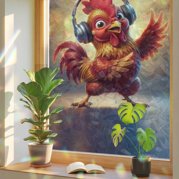 Chicken Window Privacy Film, Abstract Headphone Chicken Shiny Light Background Stained Glass Rainbow Film Decorative Window Clings, Static Cling Sun Blocking Stickers 17.7" x 39.3"