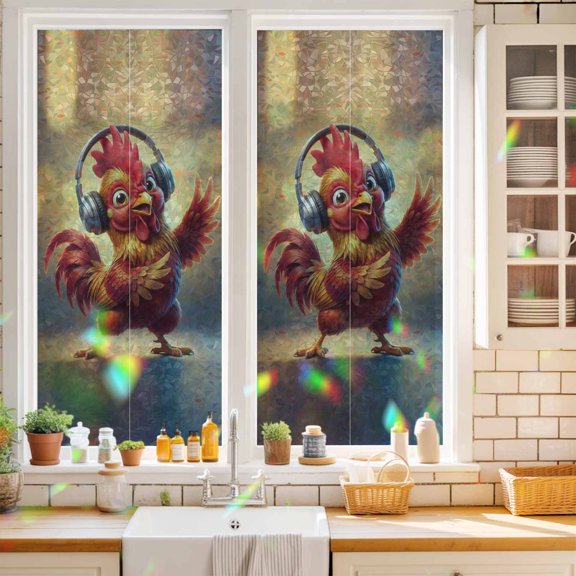 Chicken Window Privacy Film Abstract Headphone Chicken Shiny Light Background Static Cling Stained Glass Window Film Non-Adhesive Decorative Decals Rainbow Sticker 17.7"X39.3"