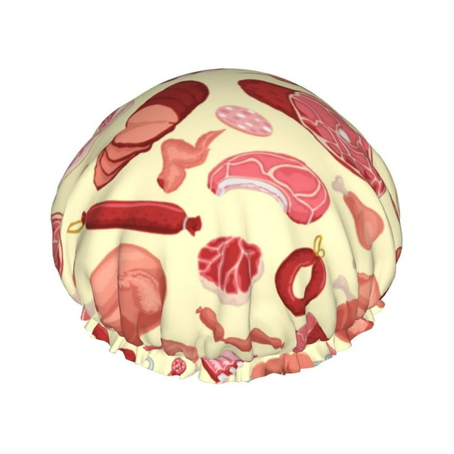 Chicken Wings Turkey Salami Print Double Layers Shower Cap, Reusable Waterproof Shower Cap for Women, Bath Hat for Long Hair