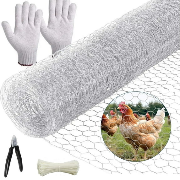 Chicken Wire,16"×32.8FT Garden Protection From Animals,Chicken Wire Fencing for Garden Poultry, Hexagonal Galvanized Chicken Wire Mesh, Sturdy Plant Protector,Rabbit Fence,with Gloves,Wire Ties,Plier