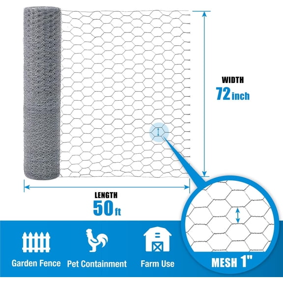 Chicken Wire Fencing, 20 Gauge Galvanized Hexagonal Mesh, Poultry Netting Fence for Garden & Animal Enclosure, 6ft x 50ft, 1-Inch Opening, Silver, Wire Mesh Outdoor Fence
