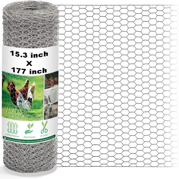 Chicken Wire Fencing Mesh, 15.3 x 177 Inches Metal Floral Wire Fence for Crafts Poultry Garden, Hexagonal Galvanized Hardware Cloth Netting for Chicken Coop Barrier Rabbit Cage
