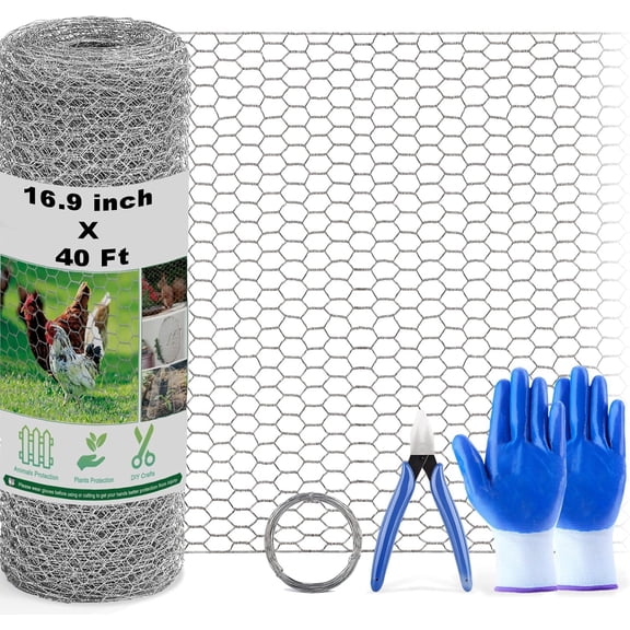 Chicken Wire Fencing Mesh, 16.9 Inch x 40 Feet Metal Floral Chicken Wire Fence for Crafts Poultry Garden, 0.6 Inch Hexagonal Galvanized Hardware Cloth Netting for Chicken Coop Barrier Rabbit Cage