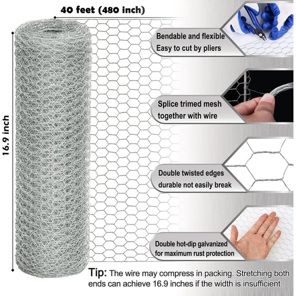 Chicken Wire Fencing Mesh 16.9" x 40 ft, Galvanized Hexagonal Hardware Cloth for Garden, Crafts, Chicken Coop & Rabbit Cage Barrier