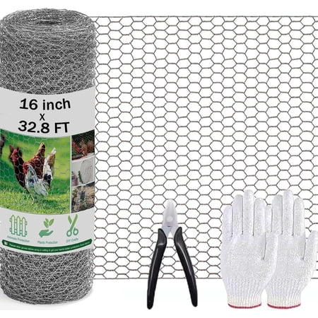 Chicken Wire Fencing Mesh Set with Pliers and Gloves Poultry Protective Net, 32.8 ft(length) x 16in(width)Hardware Cloth Suitable for Farms Gardens