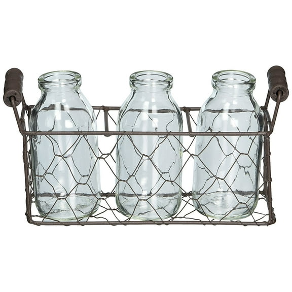 Chicken Wire Rectangle Decorative Metal Basket with Three Glass Bottles