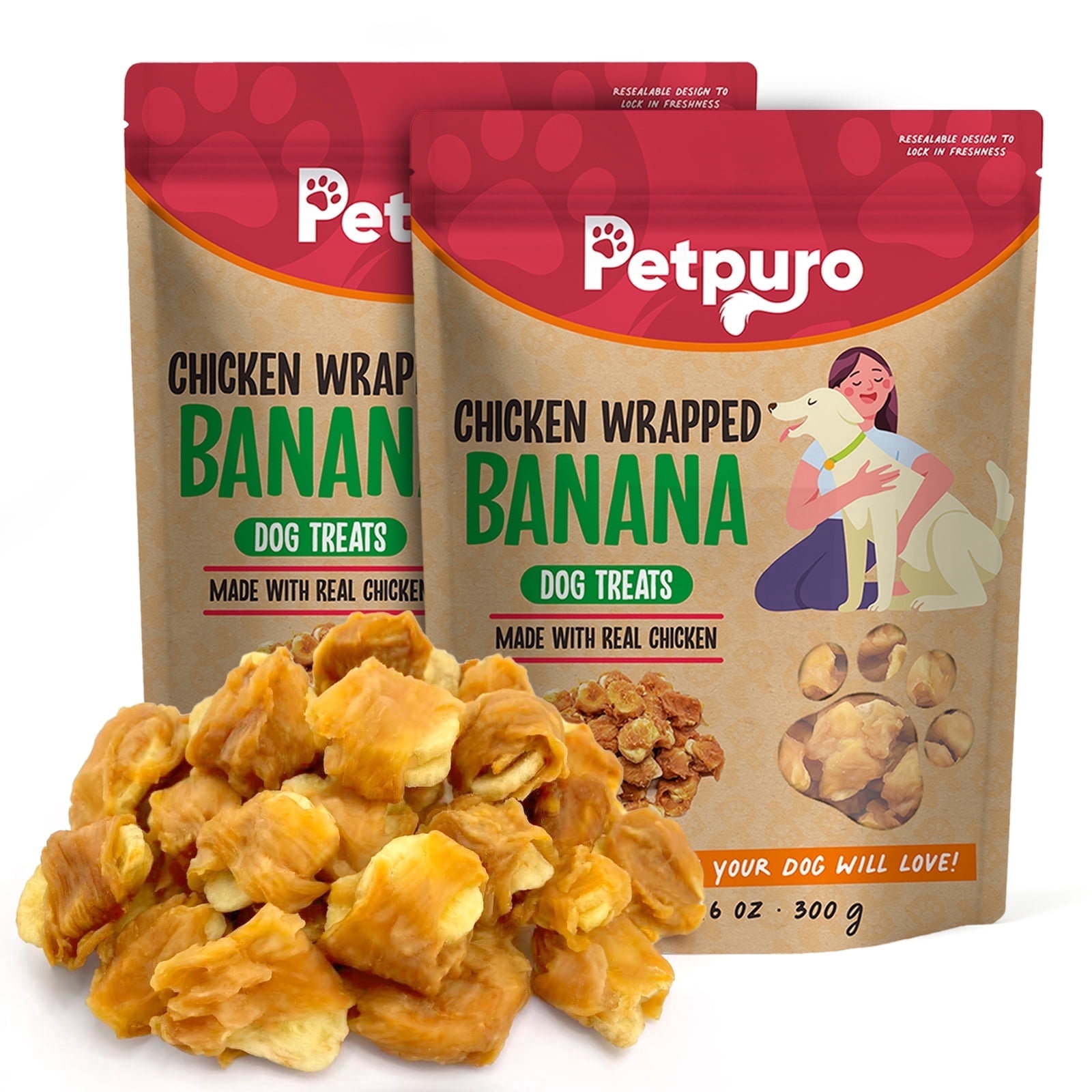 Petpuro Chicken Wrapped Banana Treats, Grain-Free Chewy Dog Snacks for Small Medium Dogs, 1.35 Pound