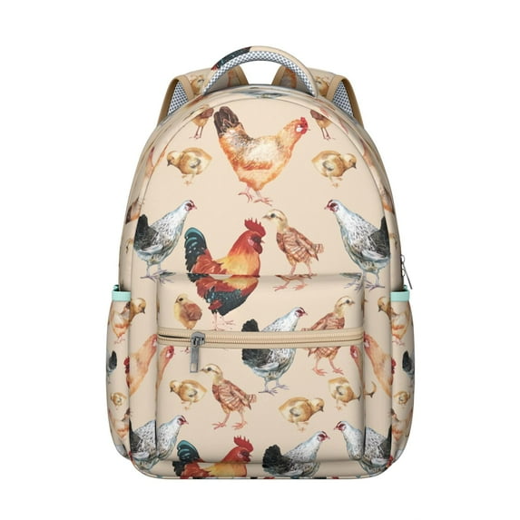 Chicken and Coop Pattern Student Backpack Farm Cartoon Hen Egg Chick Rustic Design Bookbag for Student Cute Farm Style