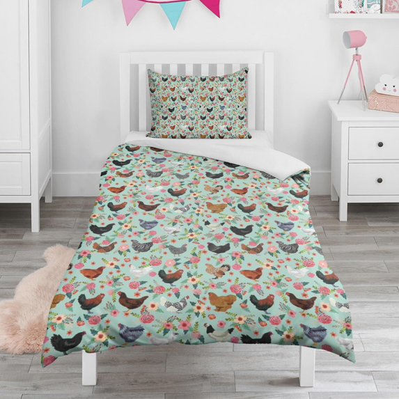 Chicken and Flower Duvet Cover and Pillowcase Set for Single Bedding, Bedroom Accessories for Kids Teens