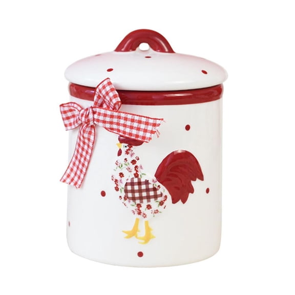 Chicken and Flower Pattern Ceramic Cookie Jar, Easter Sugar Canister Rooster Hen Jar with Lid for Counter Spices Candies Food Storage Spring Decor
