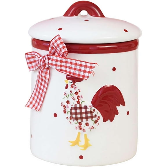 Rural Chicken and Flower Pattern Ceramic Easter Sugar Canister Rooster Hen Cookie Jar Ceramic Storage Jar Food Storage Can with Airtight Lid-Red-13 OZ