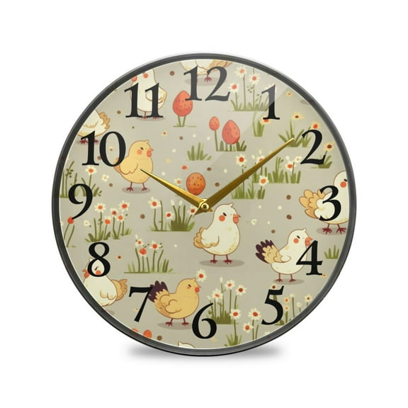 Chicken and Flowers Wall Clocks Battery Operated 9.5 Inch Round Clock Acrylic Silent Non-Ticking Bedroom Living Room Decorative Clocks
