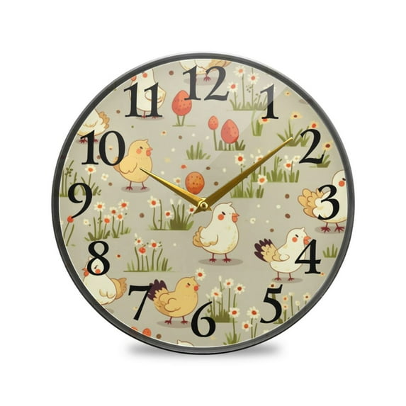Chicken and Flowers Wall Clocks Battery Operated 9.5 Inch Round Clock Acrylic Silent Non-Ticking Bedroom Living Room Decorative Clocks