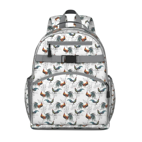Chicken backpack with colorful rooster motifs, roomy backpack for school, perfect back to school gift