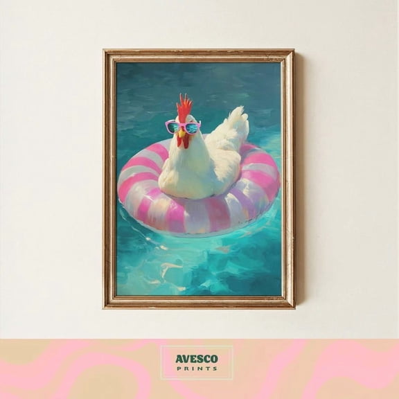 Chicken in Rubber Ring Art Print | Beach Rooster Wall Décor 8x12 UNFRAMED.