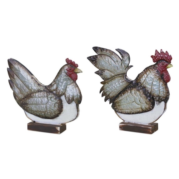 Melrose Wood Set Of 2 Chicken On Stand With Tin And White Finish 82181DS